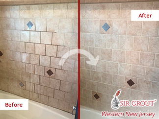 Before and After Image of a Ceramic Shower After a Grout Cleaning in Bridgewater