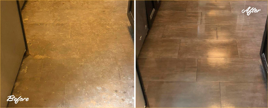 Picture of a Kitchen Floor Before and After a Tile Sealing in Flemington, NJ