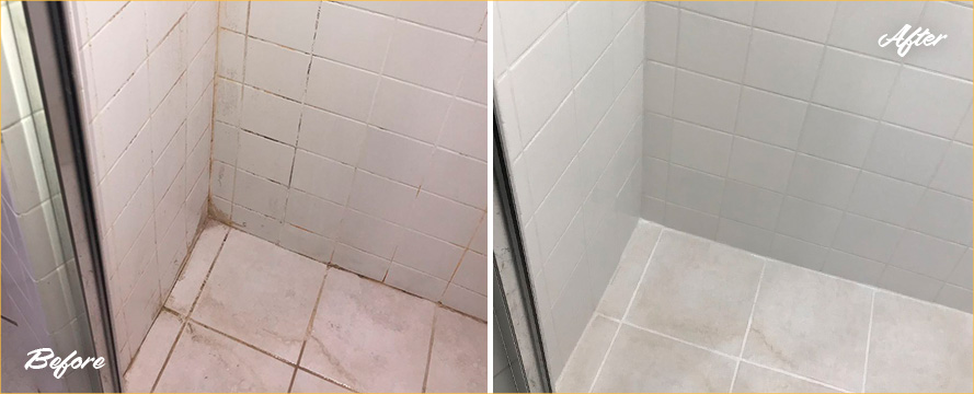 Image of a Shower Floor Before and After Our Professional Tile Cleaning in Somerville, NJ