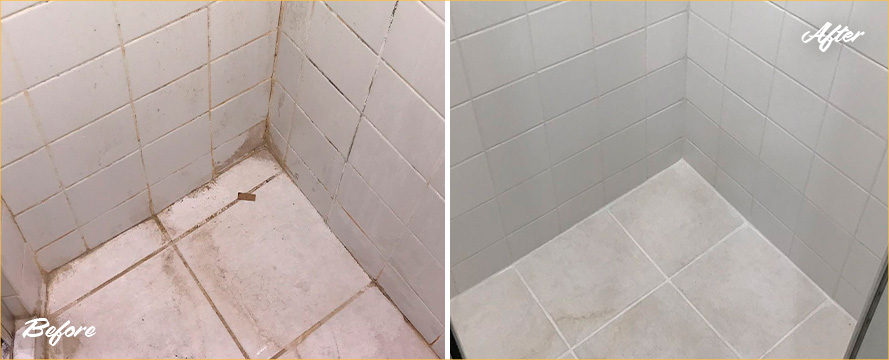 Image of a Shower Floor Before and After Our Tile Cleaning in Somerville, NJ