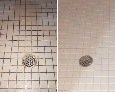 Shower Floor Before and After a Grout Cleaning in Hillsborough