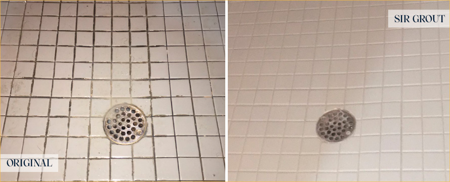 Shower Floor Before and After a Grout Cleaning in Hillsborough, NJ