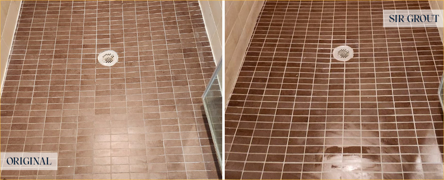 Shower Before and After a Superb Grout Recoloring in Belle Mead, NJ