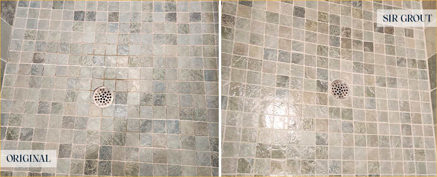 Shower Floor Before and After a Grout Sealing in Belle Mead