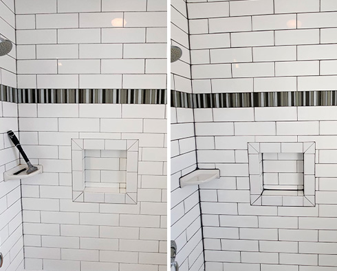Shower Walls Before and After a Grout Recoloring in Branchburg
