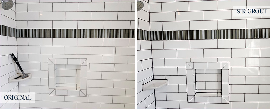 Shower Walls Before and After a Grout Recoloring in Branchburg