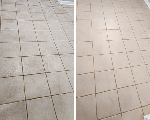 Tile Floor Before and After a Grout Cleaning in Flemington