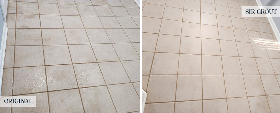 Tile Floor Before and After a Grout Cleaning in Flemington