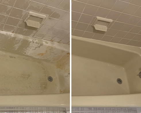 Shower Walls and Bathtub Before and After a Service from Our Tile and Grout Cleaners in Watchung