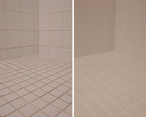 Shower Floor and Walls Before and After a Service from Our Tile and Grout Cleaners in Milford