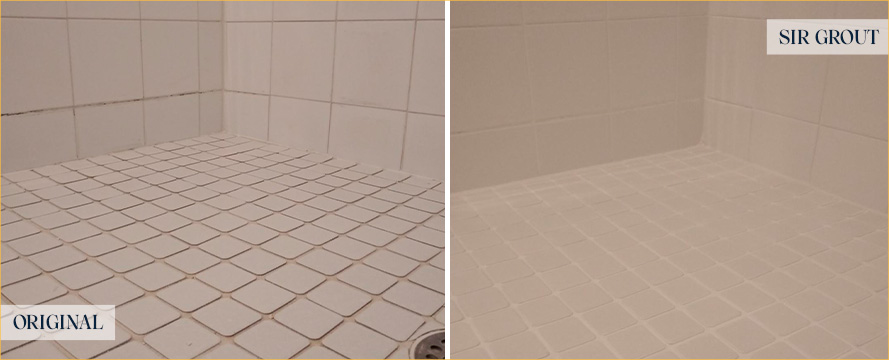 Shower Floor and Walls Before and After a Service from Our Tile and Grout Cleaners in Milford