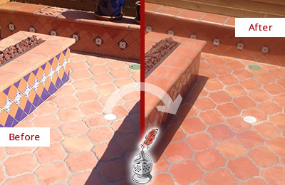 Sir Grout Cleans and Color Enhances this Faded Terracotta Patio Floor for Extra Protection Before and After Picture of a Faded Terracotta Patio Floor Cleaned and Color Enhanced for Extra Protection