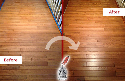Sir Grout Refinished This Dull Bridgewater Hallway Floor with a Sand Free Refinishing Service Before and After Picture of a Bridgewater Wood Sand Free Refinishing Service on a Dull Hallway