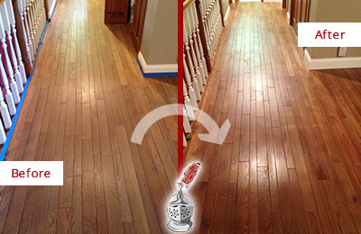 Sir Grout Refinished This Worn Out Bridgewater Wood Floor with a Sand Free Refinishing Service Before and After Picture of a Bridgewater Wood Sand Free Refinishing Service on a Worn Out Floor