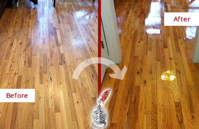 Sir Grout Refinished This Worn Out Bridgewater Hallway Floor with a Sand Free Refinishing Service Before and After Picture of a Bridgewater Wood Sand Free Refinishing Service on a Worn Out Hallway