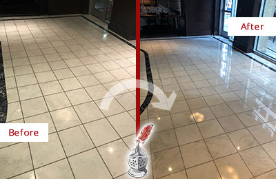 Sir Grout Western New Jersey Stone Services Help Maintain, Clean, and Polish Building Lobbies and Commercial Offices Stone Surfaces Picture of a Building Marble Entrance Floor Before and After Stone Restoration, Cleaning and Polishing