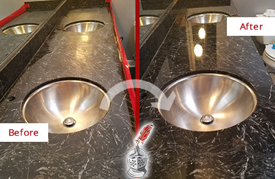 Sir Grout Western New Jersey Stone Services Are Ideal for Enhancing Restrooms Marble Countertops and Keep Them Perfect All Year Round Picture of an Office Restroom's Marble Countertop Before and After Color Enhancement and Restoration