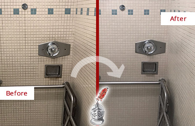 Sir Grout Western New Jersey Restores, Cleans and Seals this Grimy Hospital Shower to Remove Mold and Dirt Before and After Picture of a Grimy Hospital Shower Restored, Cleaned and Sealed to Remove Mold and Dirt