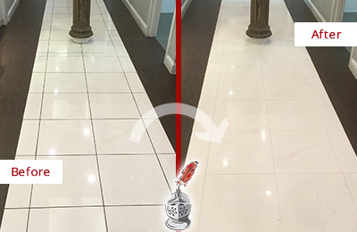 Sir Grout Western New Jersey Restores, Cleans and Seals this Medical Center Floor to Remove Stains Before and After Picture of a Medical Center Floor Restored, Cleaned and Sealed to Remove Stains