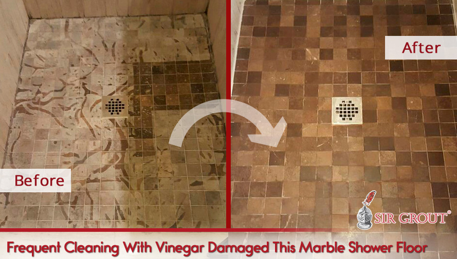 Stained Marble Floor Before and After a Stone Cleaning Service Paper Towels Soaked in Vinegar Damaged This Marble Shower Floor