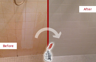 Sir Grout Cleans and Seals this Shower to Remove Soap-Scum Before and After Picture of a Shower Cleaned and Sealed To Remove Soap-Scum