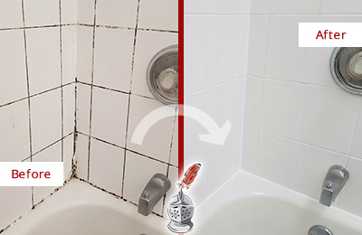 Sir Grout Cleans this Clinton Shower Tile and Grout to Eliminate Mold Before and After Picture of a Clinton Shower Tile and Grout Cleaned to Eliminate Mold