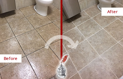 Sir Grout Cleans this Clinton Restroom Tile and Grout to Remove Soil Before and After Picture of a Clinton Restroom Tile and Grout Cleaned to Remove Soil
