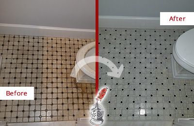 Sir Grout Cleans this Clinton Bathroom Tile and Grout Cleaned to Remove Stains Before and After Picture of a Clinton Bathroom Tile and Grout Cleaned to Remove Stains