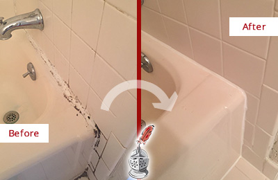 Sir Grout Restored This Zarephath Tile Shower to Repair Damaged Caulking Before and After Picture of a Zarephath Hard Surface Restoration Service on a Tile Shower to Repair Damaged Caulking
