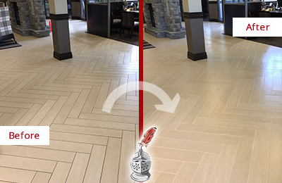 Sir Grout Restored This Zarephath Office Lobby Tile Floor to Remove Embedded Dirt Before and After Picture of a Zarephath Hard Surface Restoration Service on an Office Lobby Tile Floor to Remove Embedded Dirt