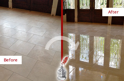 Sir Grout Restored This Zarephath Dull Travertine Floor to Recover Its Splendor with a Stone Polishing Service Before and After Picture of a Zarephath Hard Surface Restoration Service on a Dull Travertine Floor Polished to Recover Its Splendor