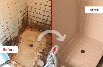Sir Grout Restored This Zarephath Tile Bathroom to Repair Water Damage Before and After Picture of a Zarephath Hard Surface Restoration Service on a Tile Bathroom to Repair Water Damage