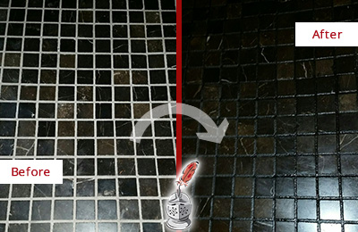 Sir Grout Recolored the Grout of this Belle Mead Black Tile Floor Before and After Picture of a Belle Mead Black Floor with Recolored Grout