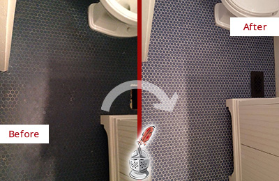 Sir Grout Recolors the Grout on this Belle Mead Blue Tile Floor Before and After Picture of a Belle Mead Blue Tile Floor Recolored Grout