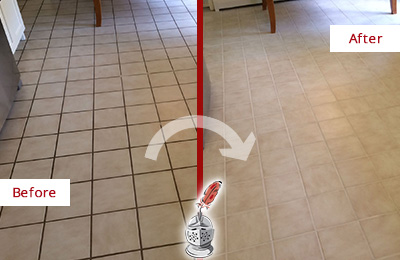 Sir Grout Recolors this Belle Mead Kitchen Tile Floor's Grout Before and After Picture of a Belle Mead Kitchen Tile Floor with Recolored Grout
