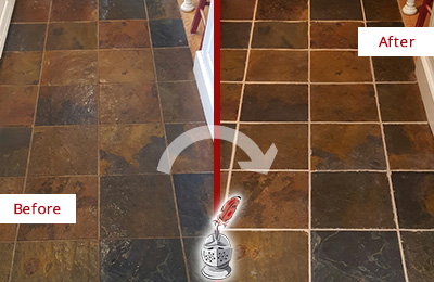 Sir Grout Recolors the Grout of this Belle Mead Slate Floor Before and After Picture of a Belle Mead Slate Floor Recolored Grout