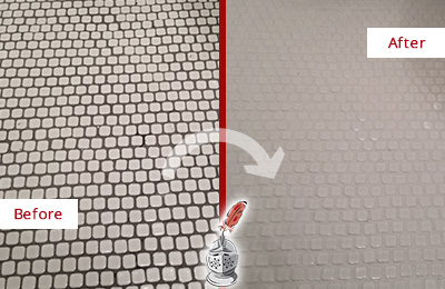 Sir Grout Recolors the Grout of this Belle Mead White Mosaic Tile Before and After Picture of a Belle Mead White Mosaic Tile Recolored Grout
